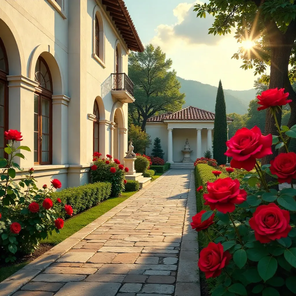 Roses and Classical Architecture at Golden Hour