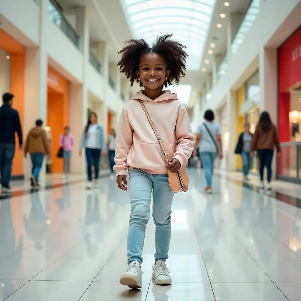 Cheerful Black girl in a bustling mall