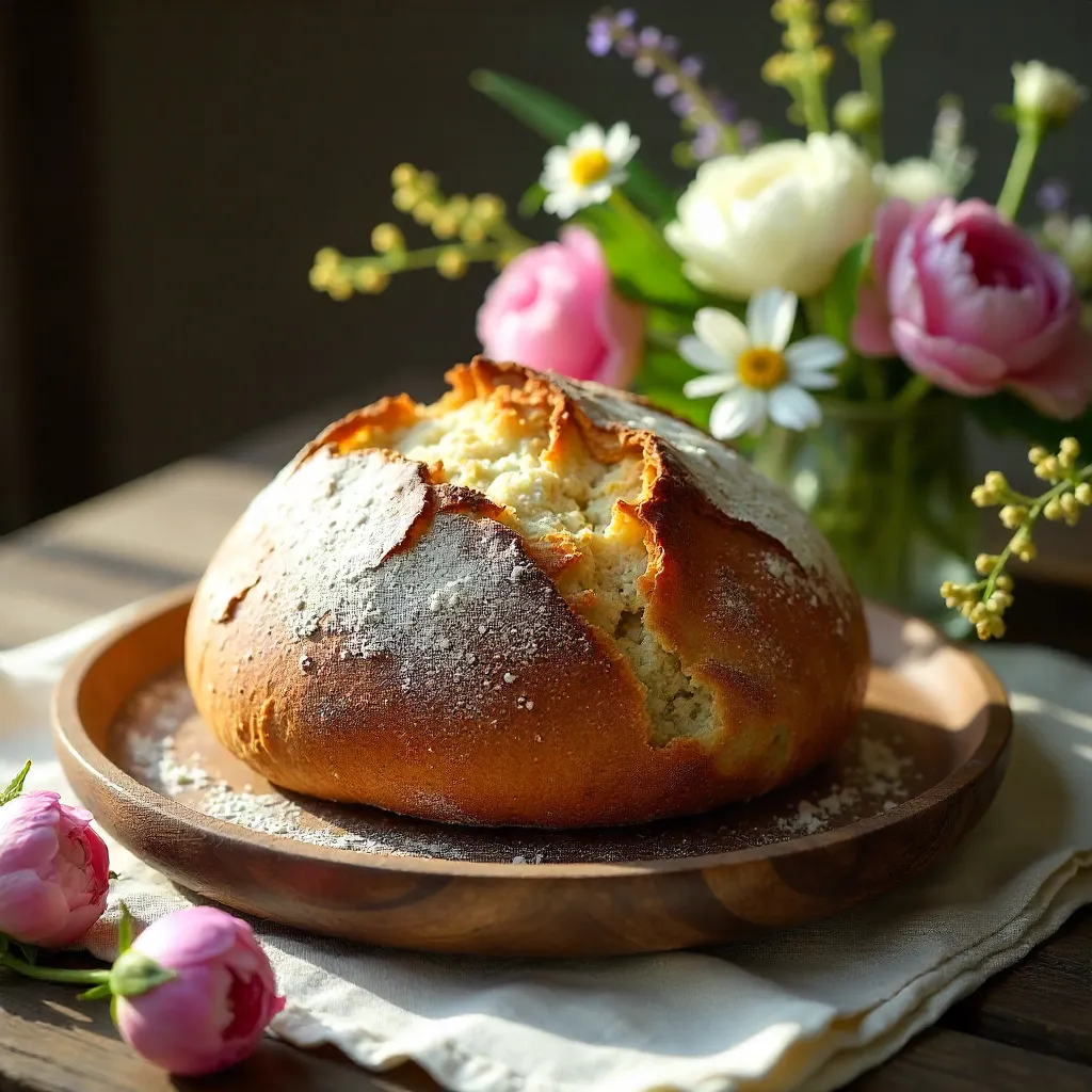 Rustic Round Bread with Spring Florals on Wood