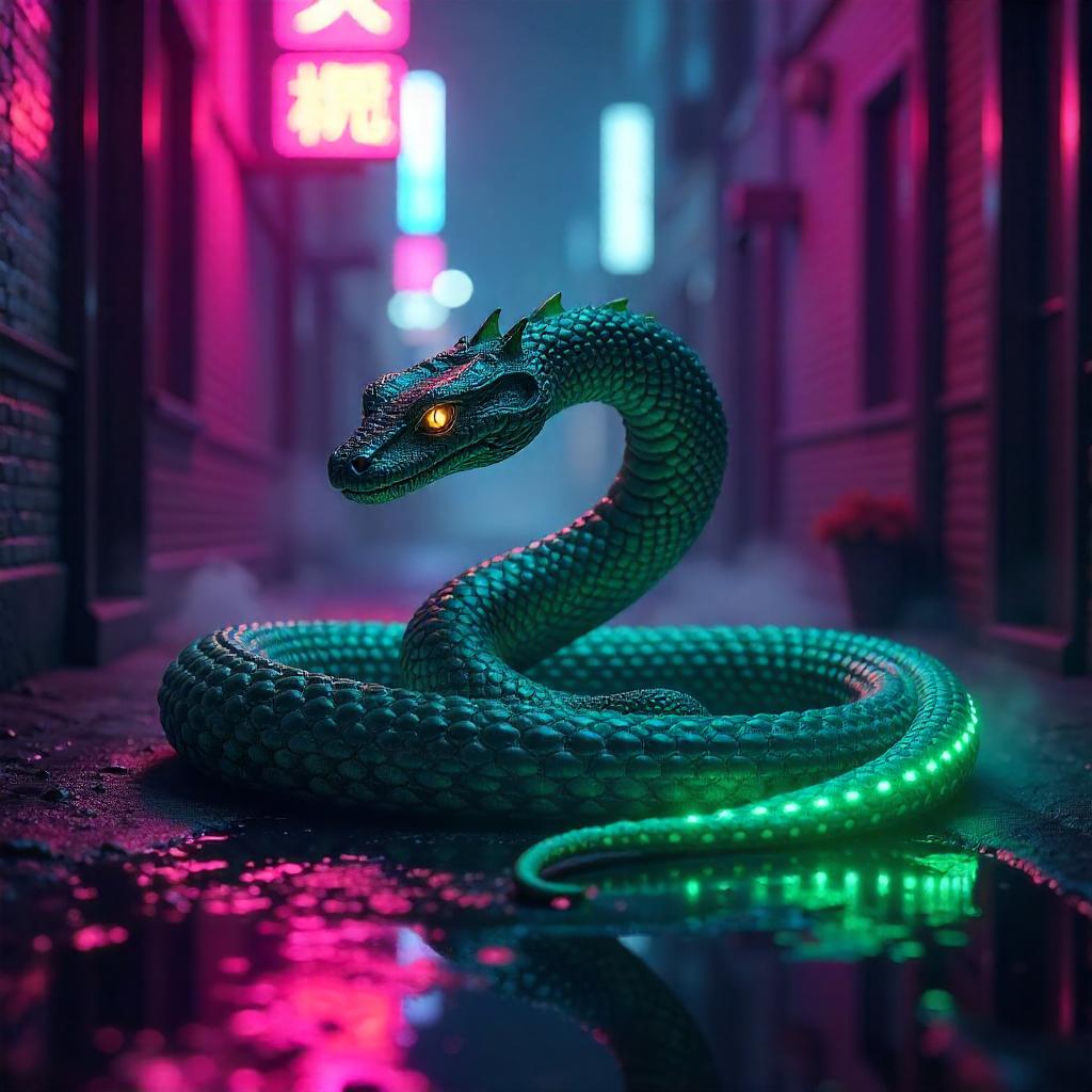 Neon Basilisk in a Neon Alley - 3D Render