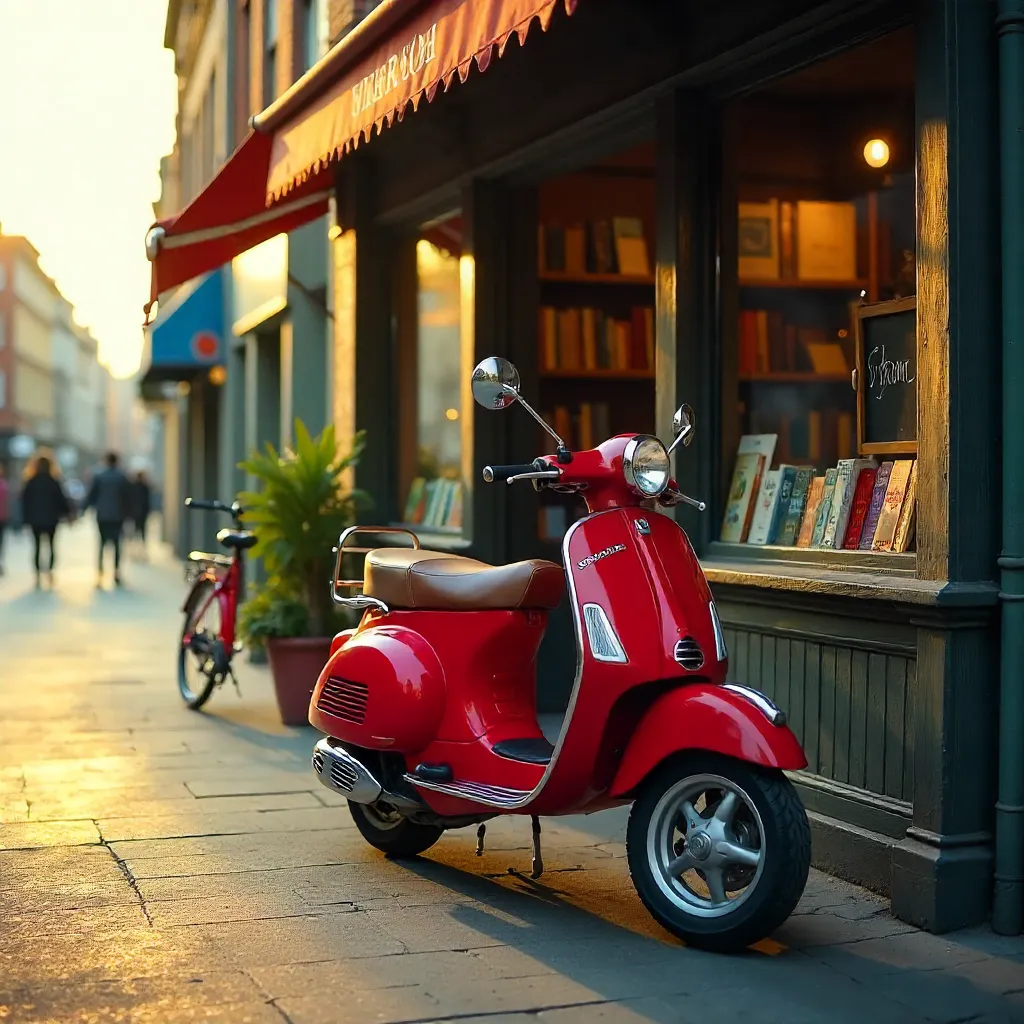 Golden Hour Red Scooter by the Bookstore