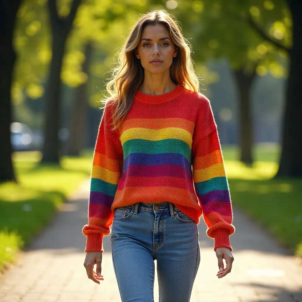 Casual Walk in a Colorful Striped Sweater