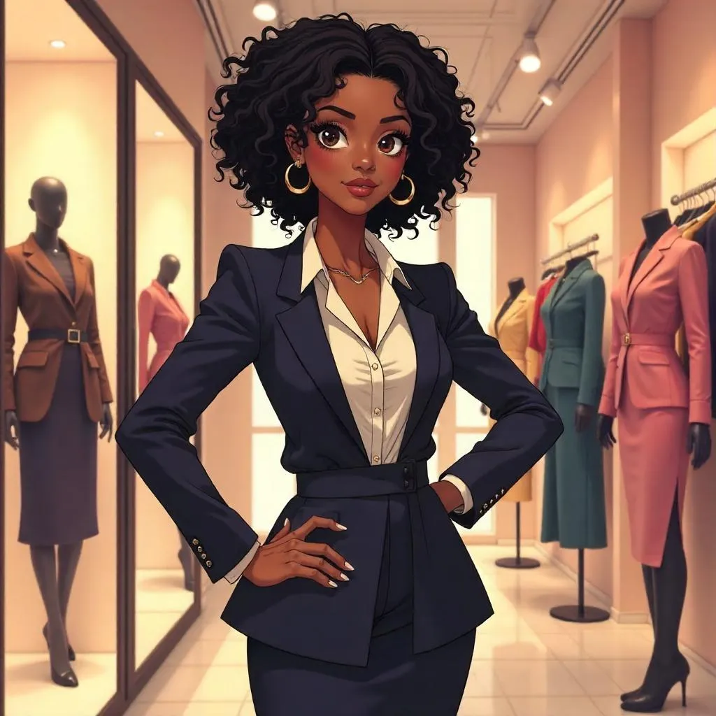 Confident Black Woman in an Anime Boutique