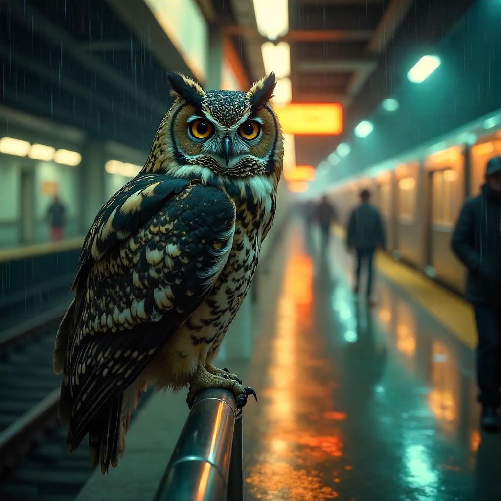 Owl Guardian in a Neon Train Station