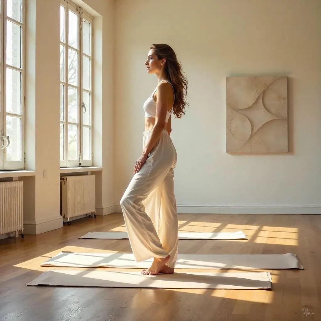 Elegant White Woman in a Yoga Studio: Oil Painting