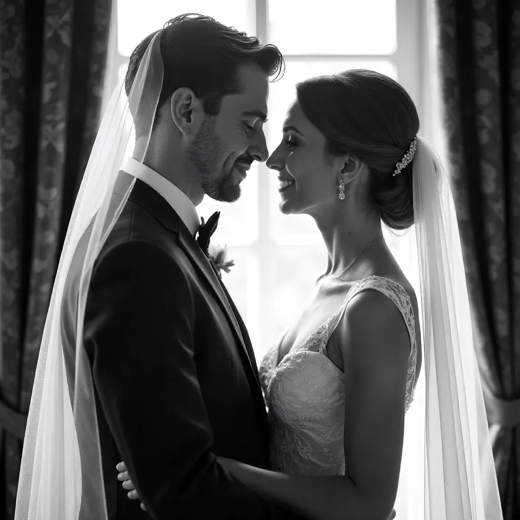 Veiled Vows: A Timeless Black-and-White Wedding Moment
