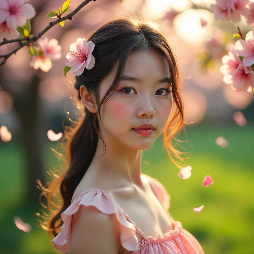 Petals in Her Hair in a Spring Garden