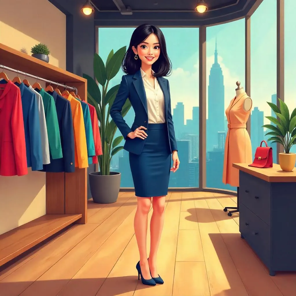 Confident Asian Woman in a Chic Boutique (Cartoon)