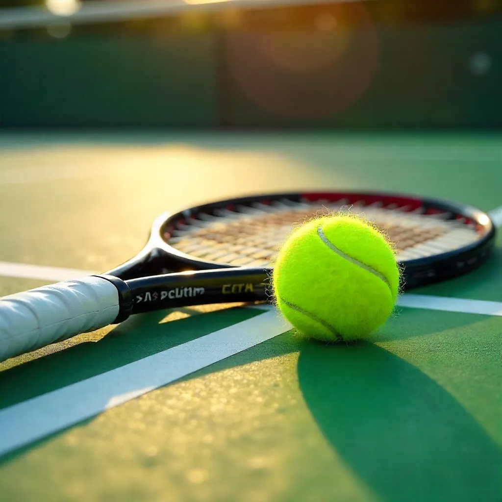 Tennis Racket and Ball on a Sunny Court