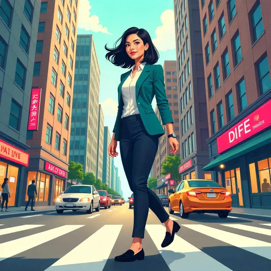 Confident Asian Woman in a Vibrant Cartoon Downtown