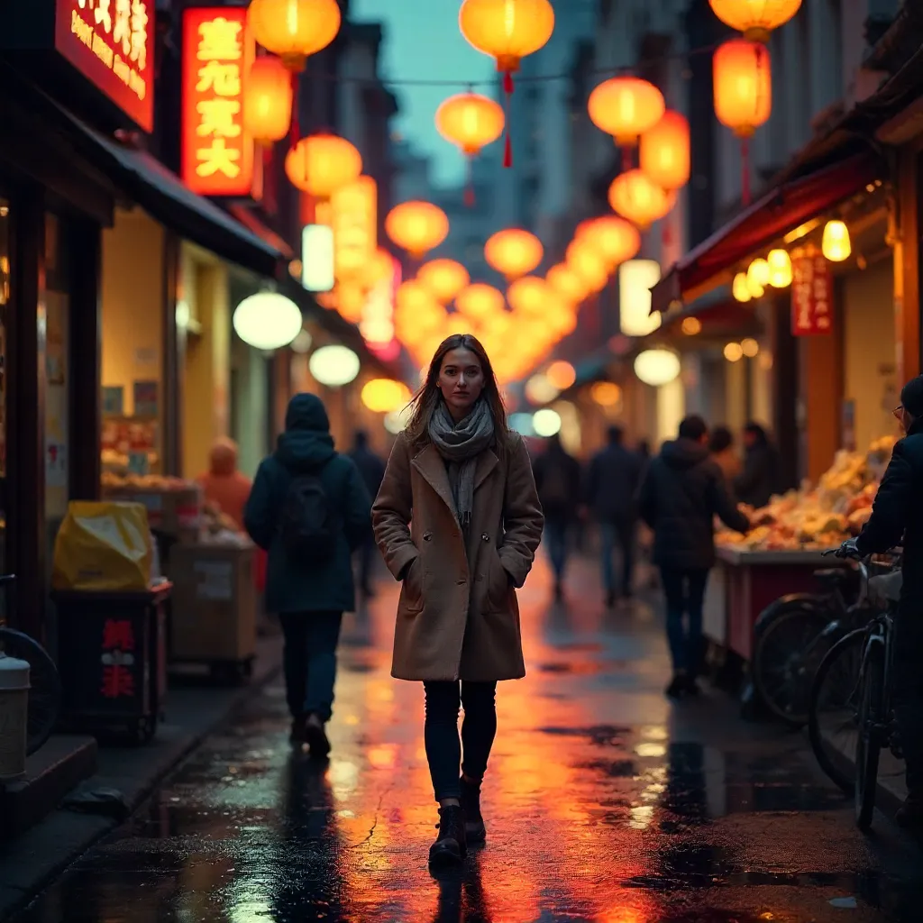 Warm Neon Night Stroll Under Lanterns