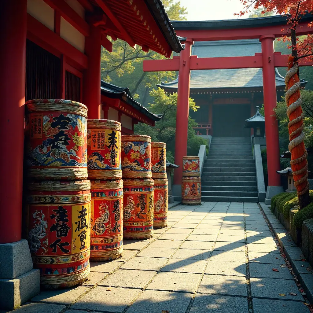 Brightly Painted Sake Barrels at a Shinto Shrine