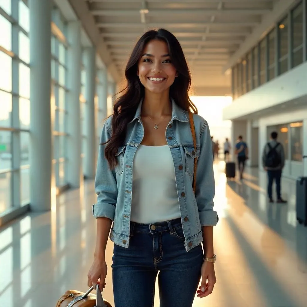 Cheerful Latina in a Modern Airport - 3D Render