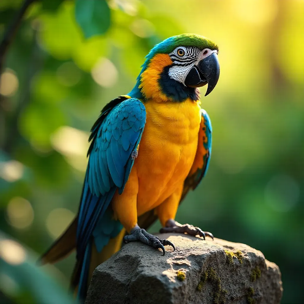 Sunlit Parrot on Stone Amid Green Foliage
