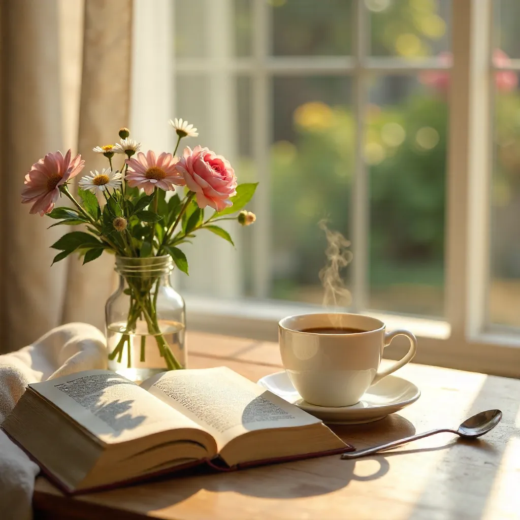 Morning Tranquility: Book, Coffee, and Flowers