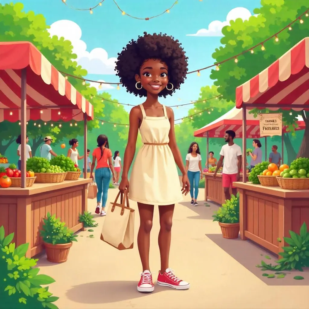 Cartoon Portrait of a Young Black Woman at a Farmers Market