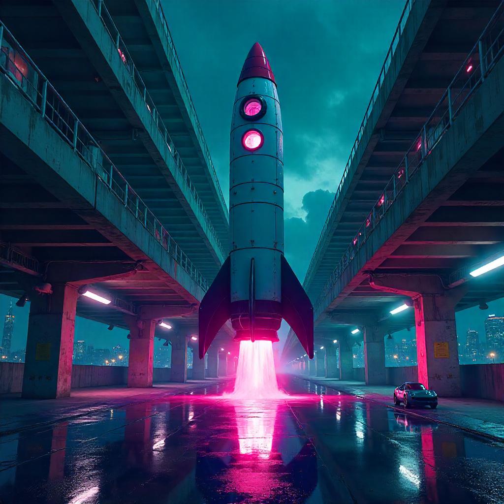 Anime Rocket in a Neon Parking Garage