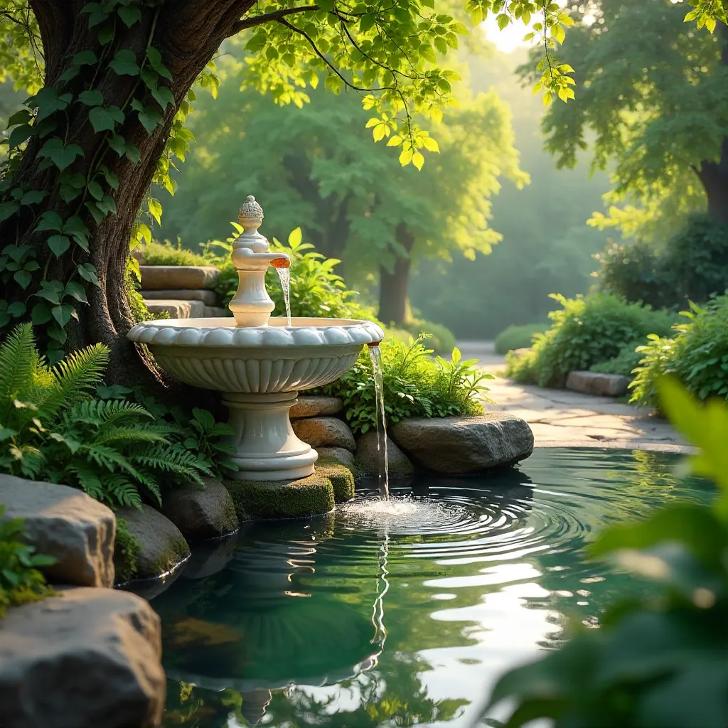 Elegant Marble Fountain in Verdant Garden Serenity