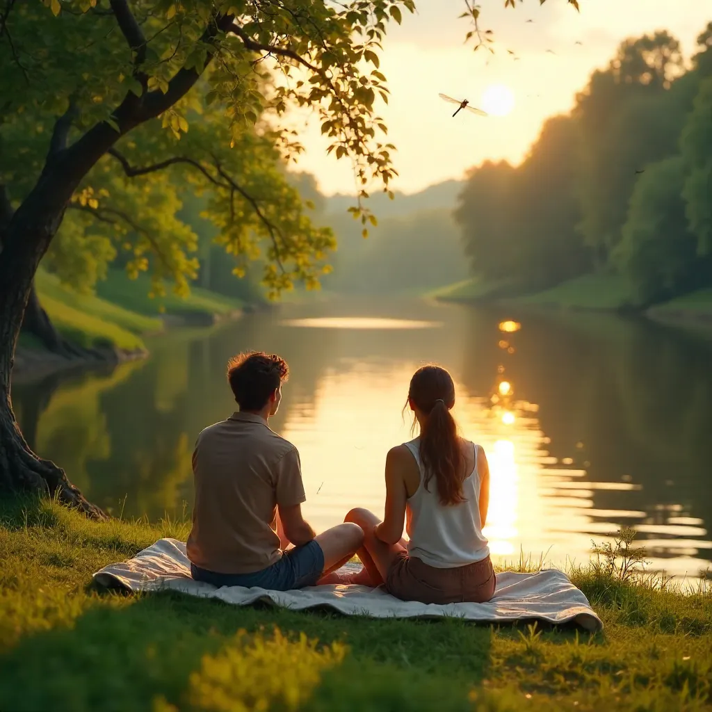 Two People by a Tranquil Riverbank