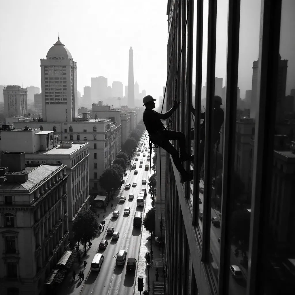 Monochrome Window Cleaner Over Buenos Aires Skyline
