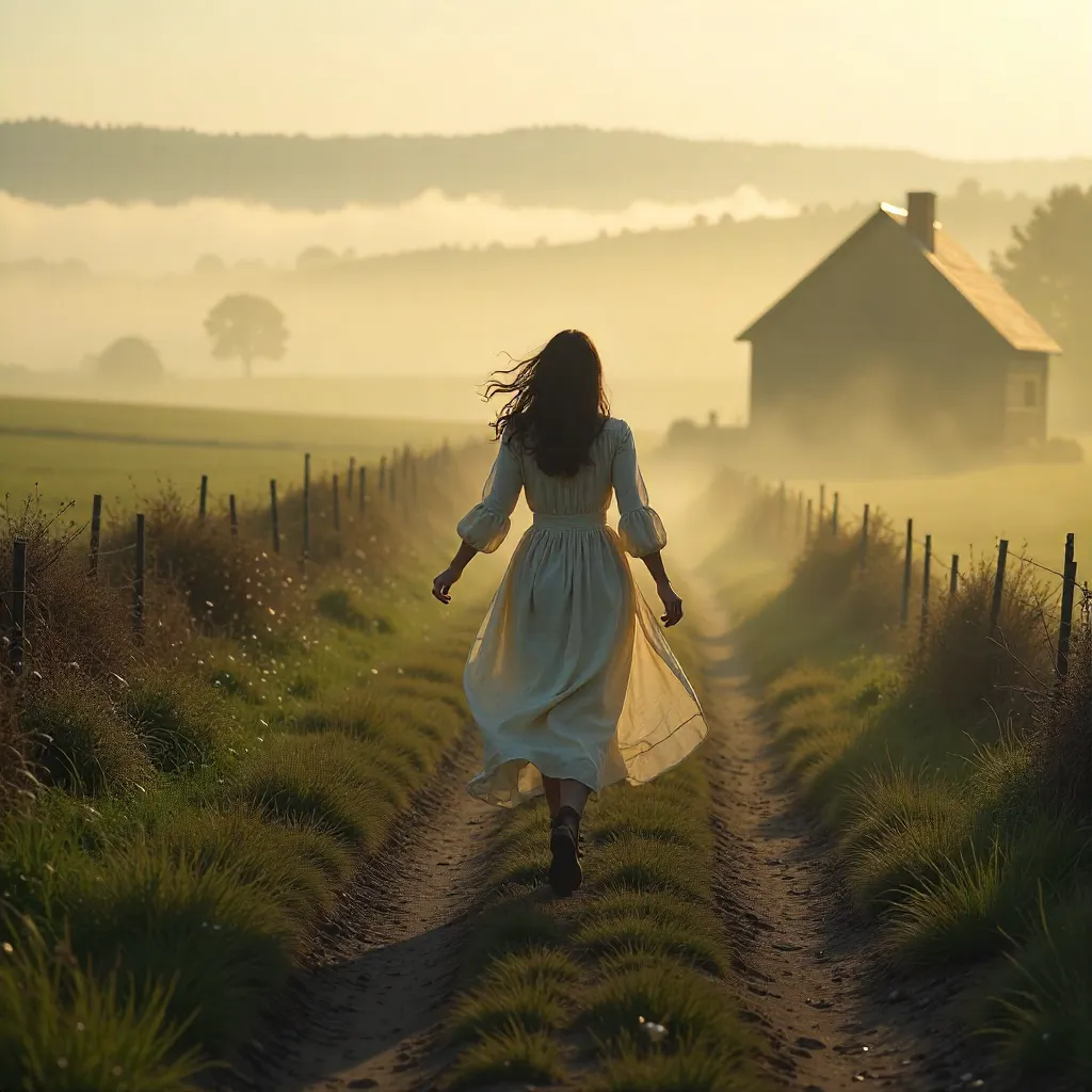 Escape in the Fog: Woman Running in Rural Mist