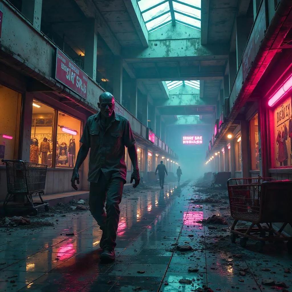 Neon Zombie in a Desolate Shopping Mall