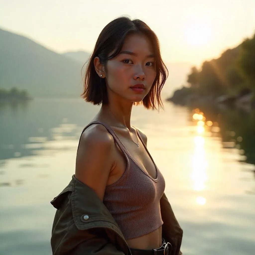 By the Lake: A Stylish Asian Woman