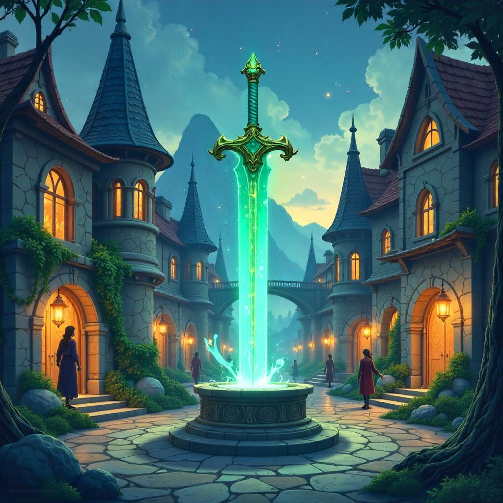 Enchanted Sword in a Cartoon Elven City