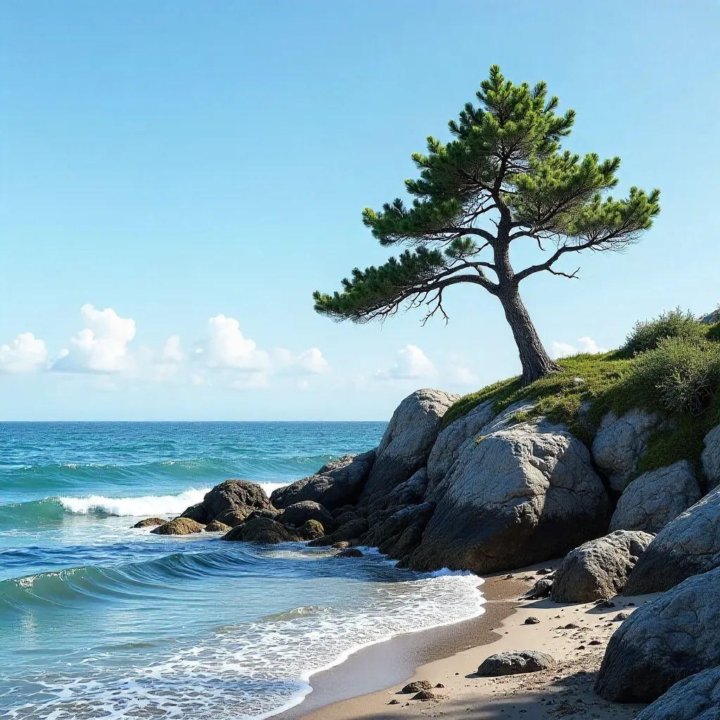 Serene Lone Pine on Rocky Seashore