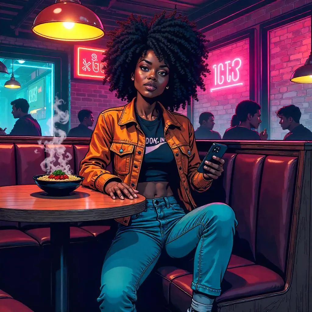 Neon Heroine in a Restaurant