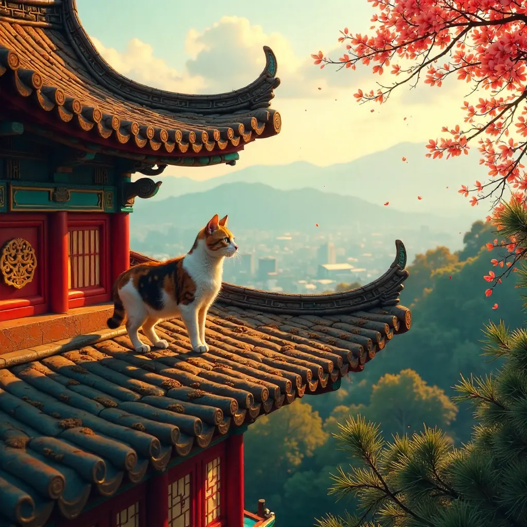 Cat on a vibrant Taipei temple roof