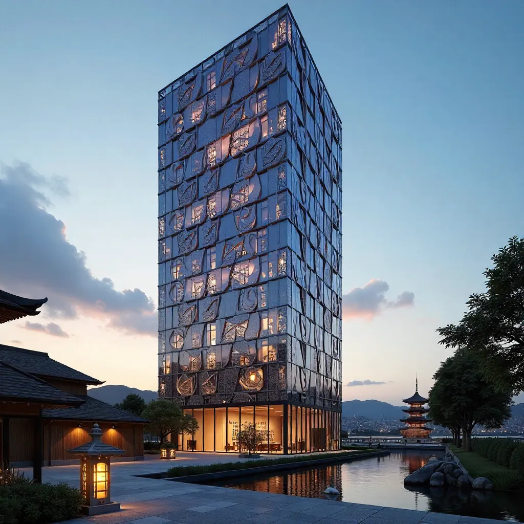 Kyoto High-Rise: Geometric Glass Facade at Twilight