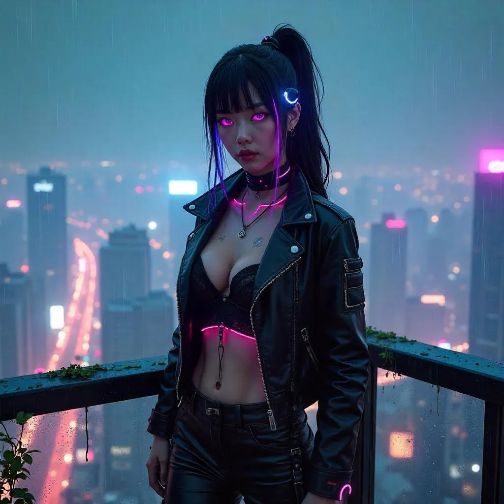 Cyberpunk Beauty on a Neon Terrace