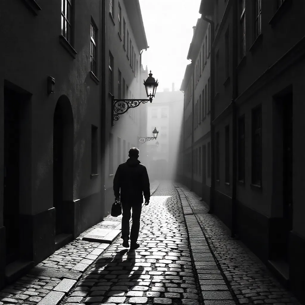 Silhouette on a Stockholm Old Town cobblestone street