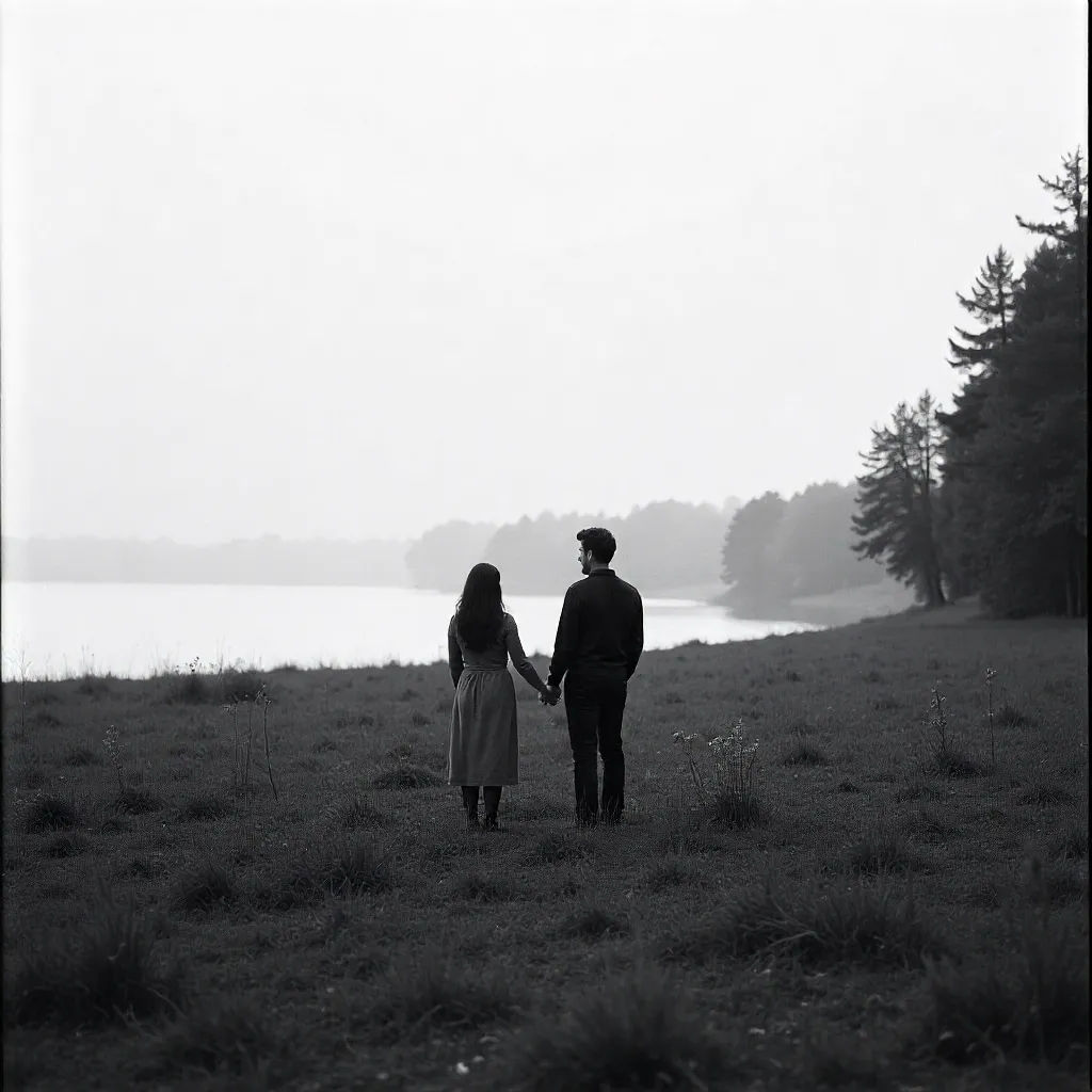 Separated Couple in a Serene Black-and-White Landscape