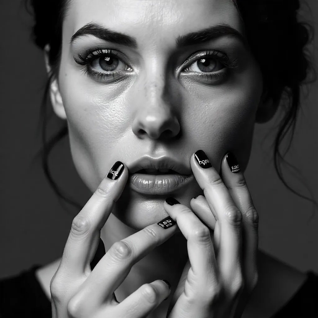 Close-Up Black-and-White Portrait with Text on Fingers