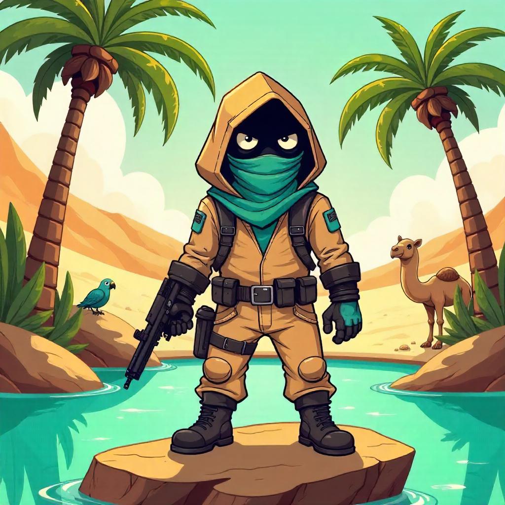 Cartoon Assassin in a Tranquil Oasis