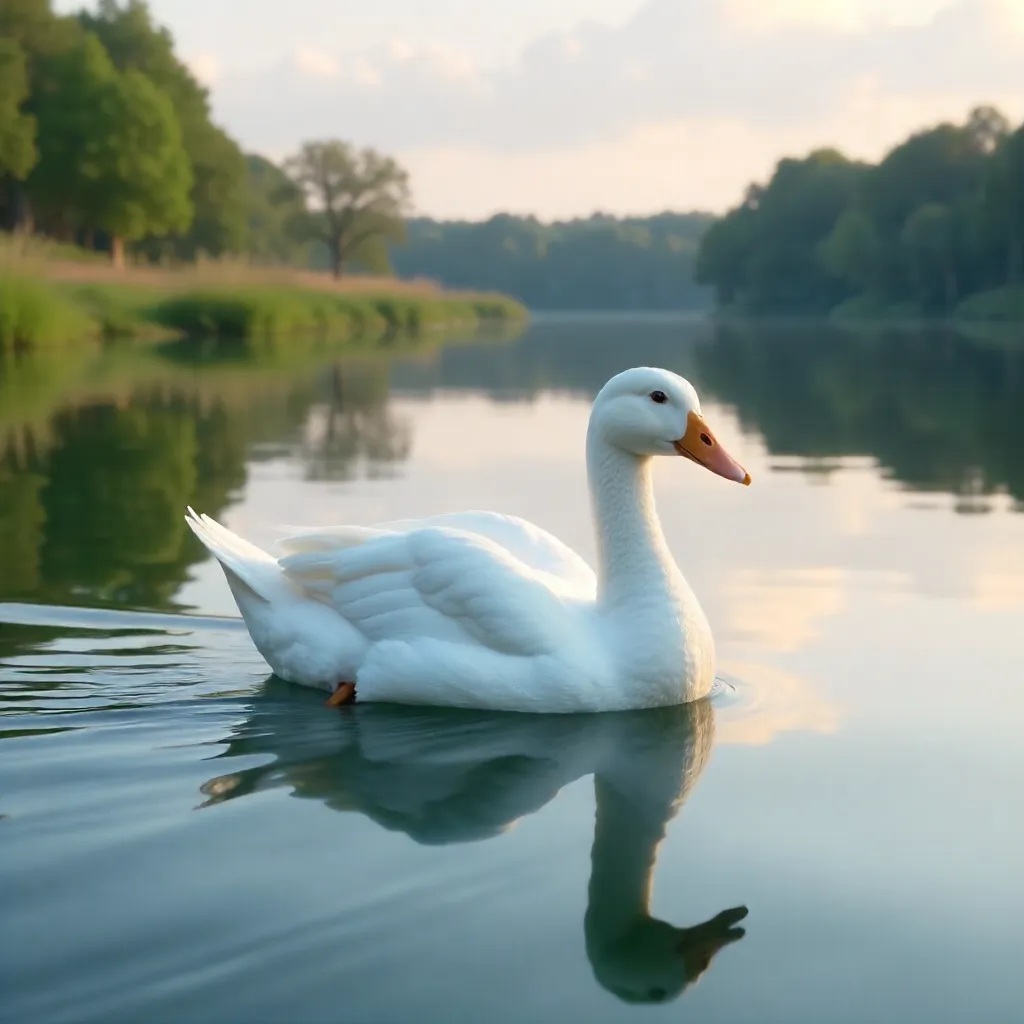 Whispering Reflection: White Duck on a Quiet Lake