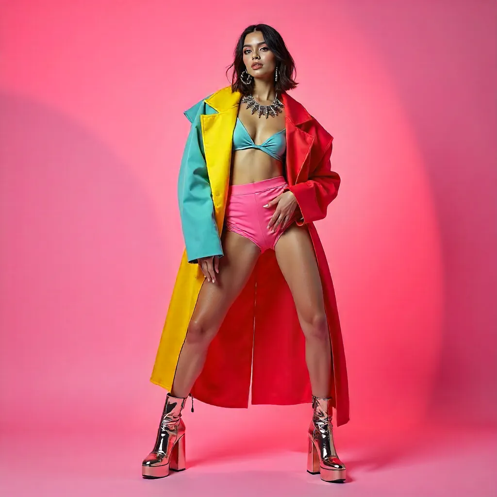 Pink Backdrop Couture: Modern Fashion Model in Creative Outfit