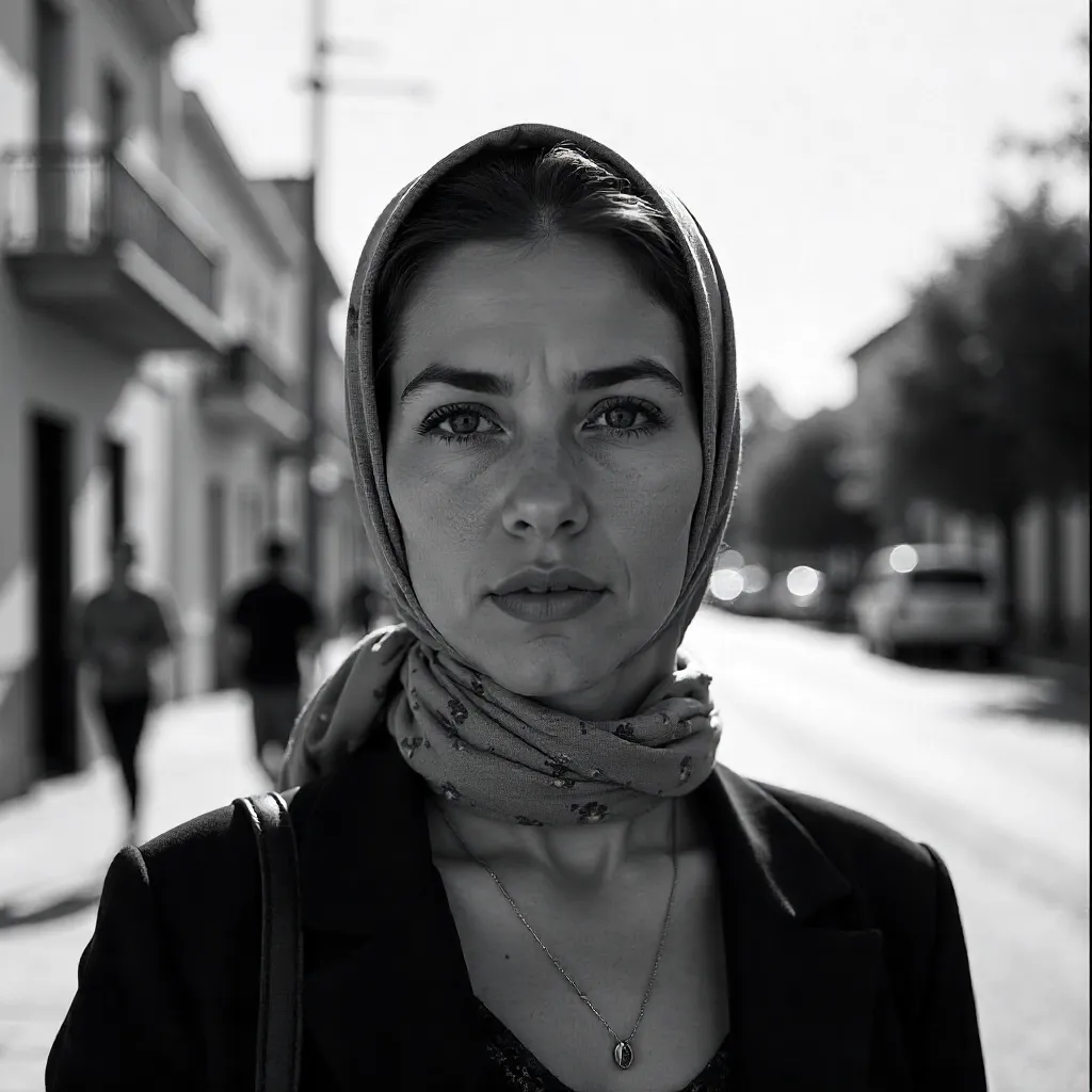 Monochrome Rosario Portrait: Headscarf Outdoors