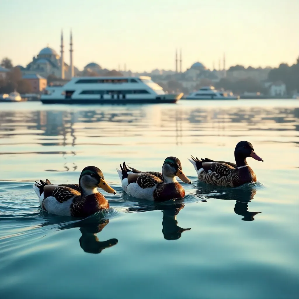 Four Ducks Glide on Reflective Istanbul Waters