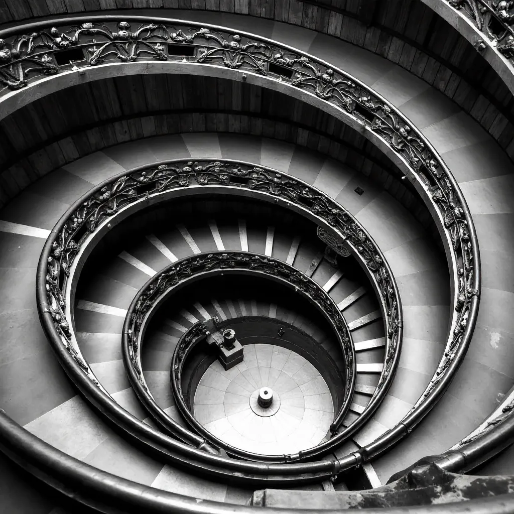 Aerial Black-and-White View of Vatican Museums Spiral Staircase