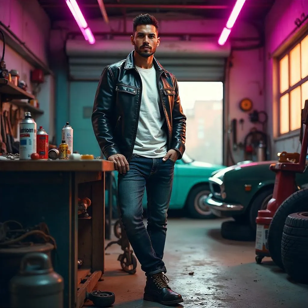 Stylish Latino Man in a Neon Garage