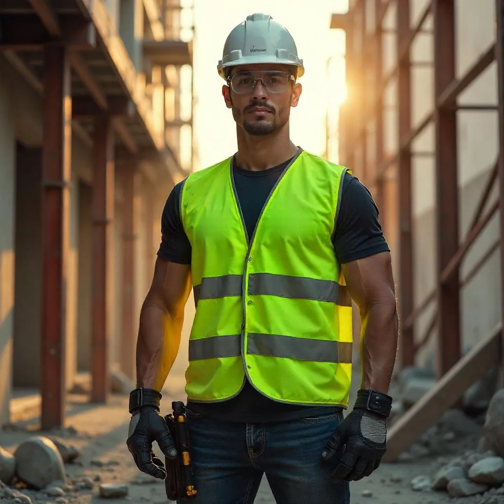 Athletic Asian Man on a Construction Site, Photorealistic