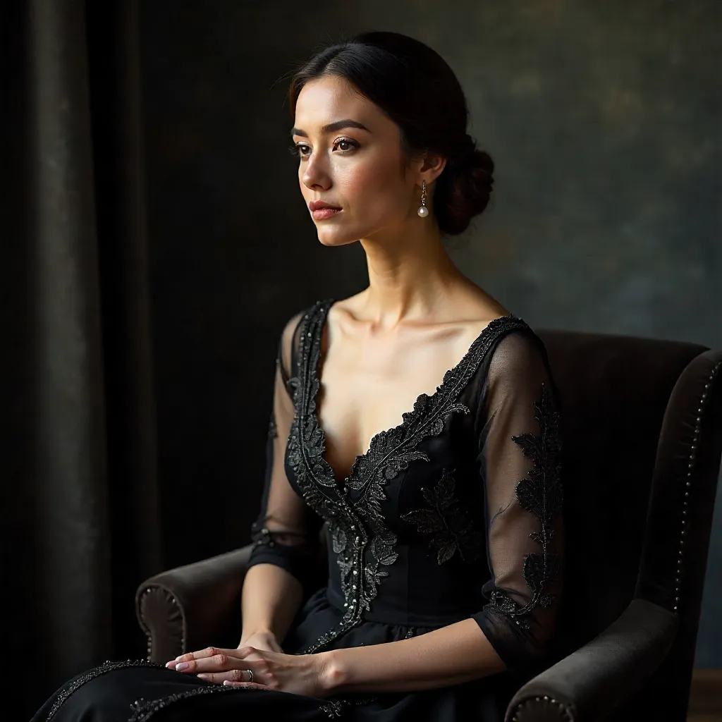 Graceful Portrait in a Black Embroidered Dress