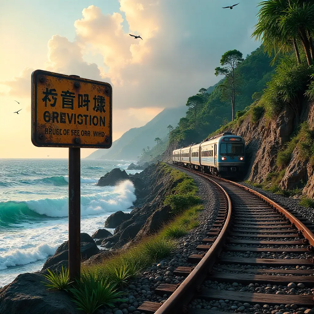 Coastal Railway with Erosion Sign in Taitung, Taiwan