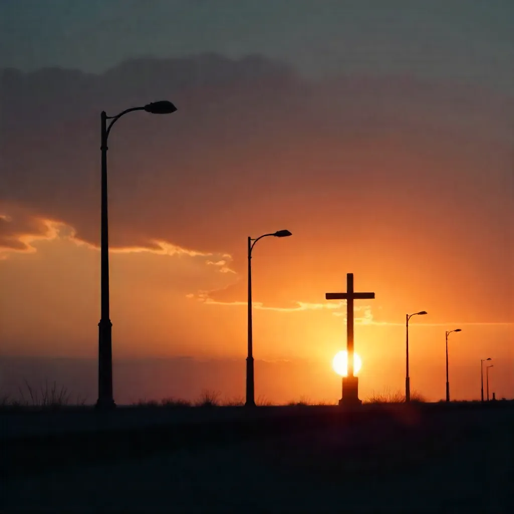 Silhouette of Lampposts and a Cross at Sunset