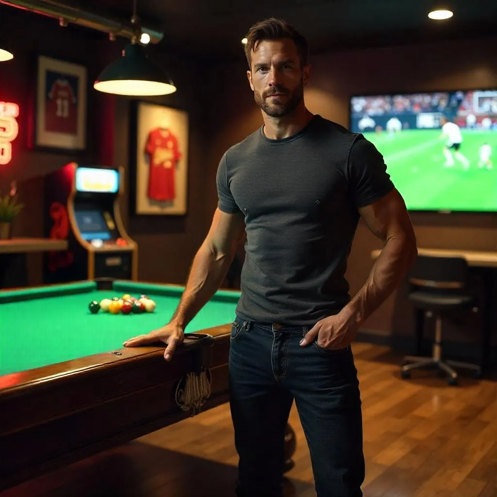 Athletic Caucasian Man in a Photorealistic Man Cave