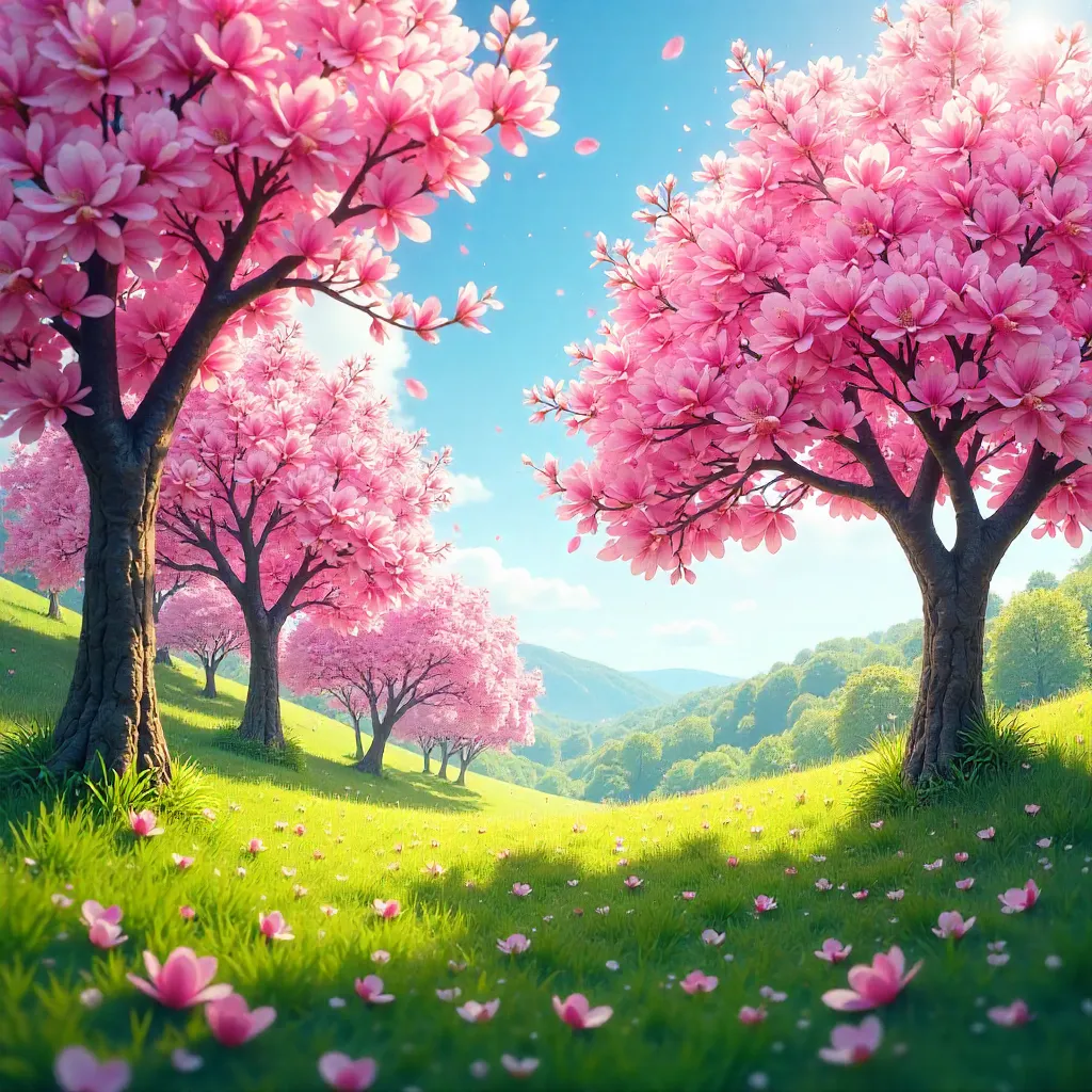 Magnolia in Full Bloom: Pink Petals Under a Blue Spring Sky