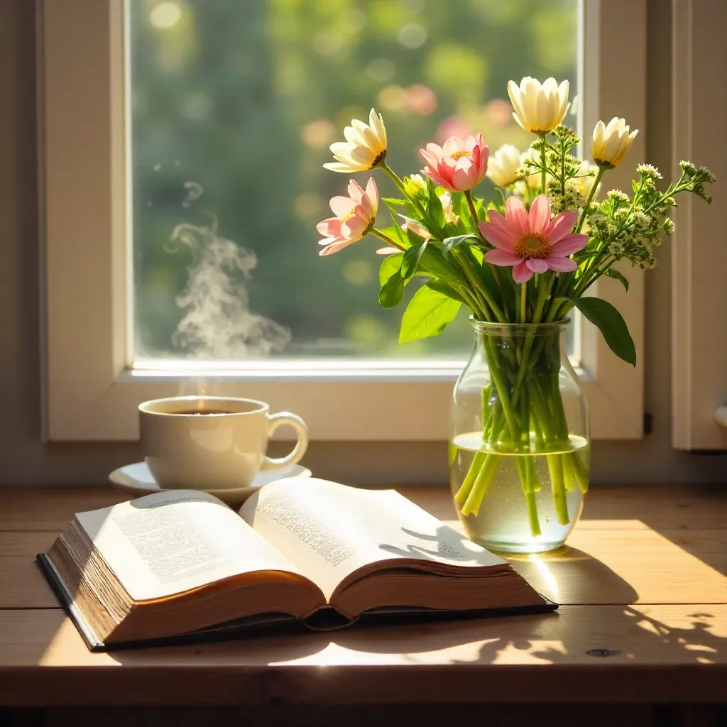 Quiet Morning: Book, Coffee, and Flowers